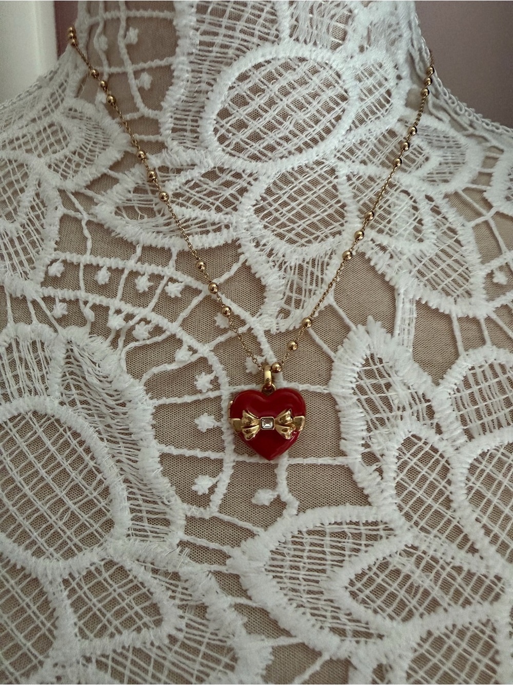 Alex and Ani Gold-Tone Beaded Necklace with Red Heart and Bow